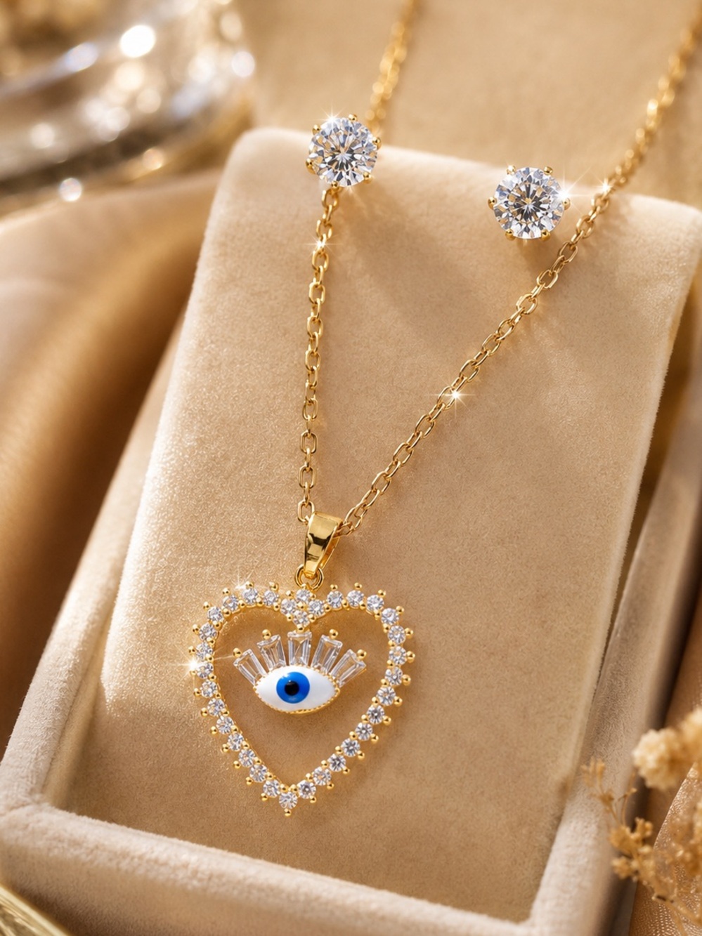 Evil Eye Heart Necklace & Stud Earrings Set